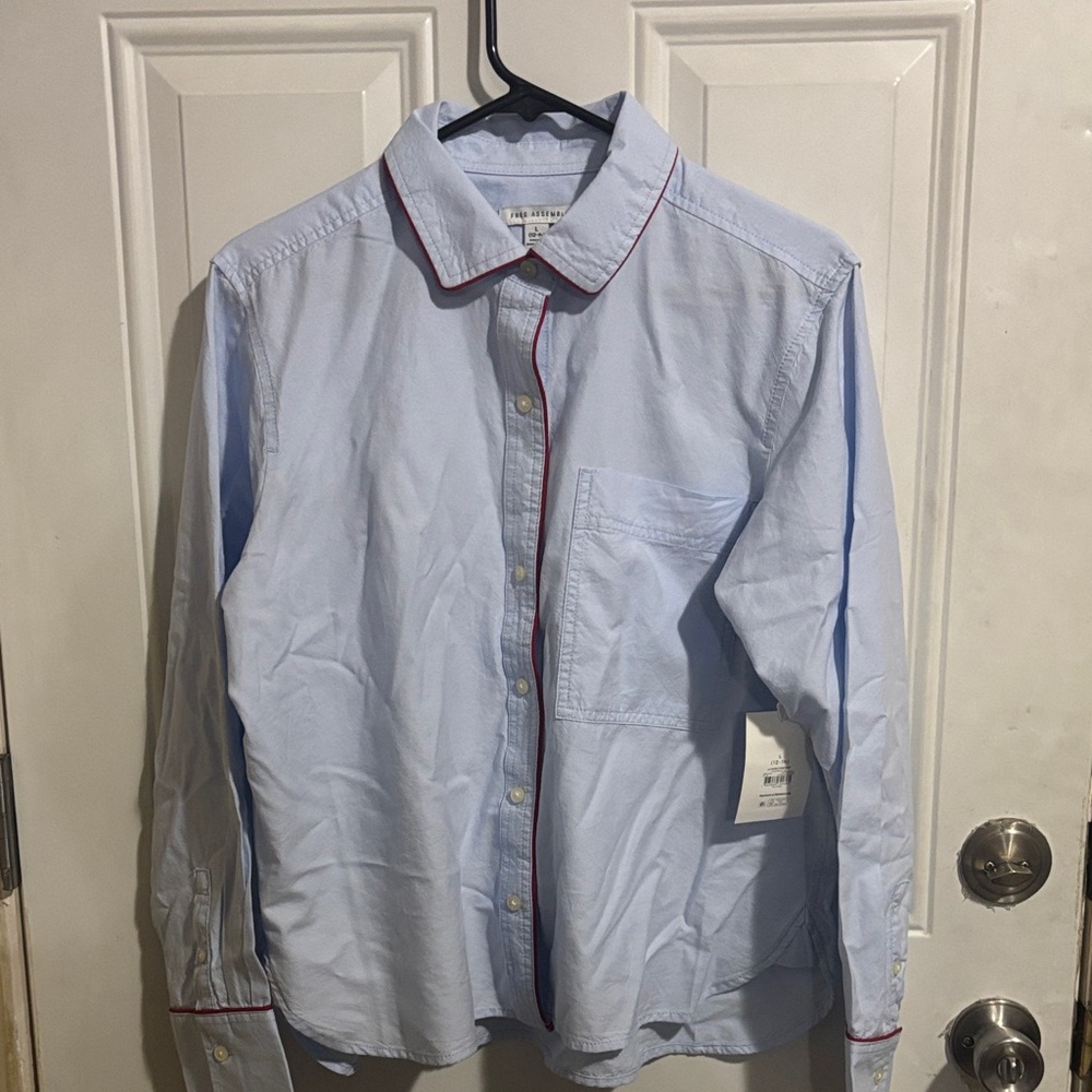 Light Blue woman Button-Up Shirt with Red Piping